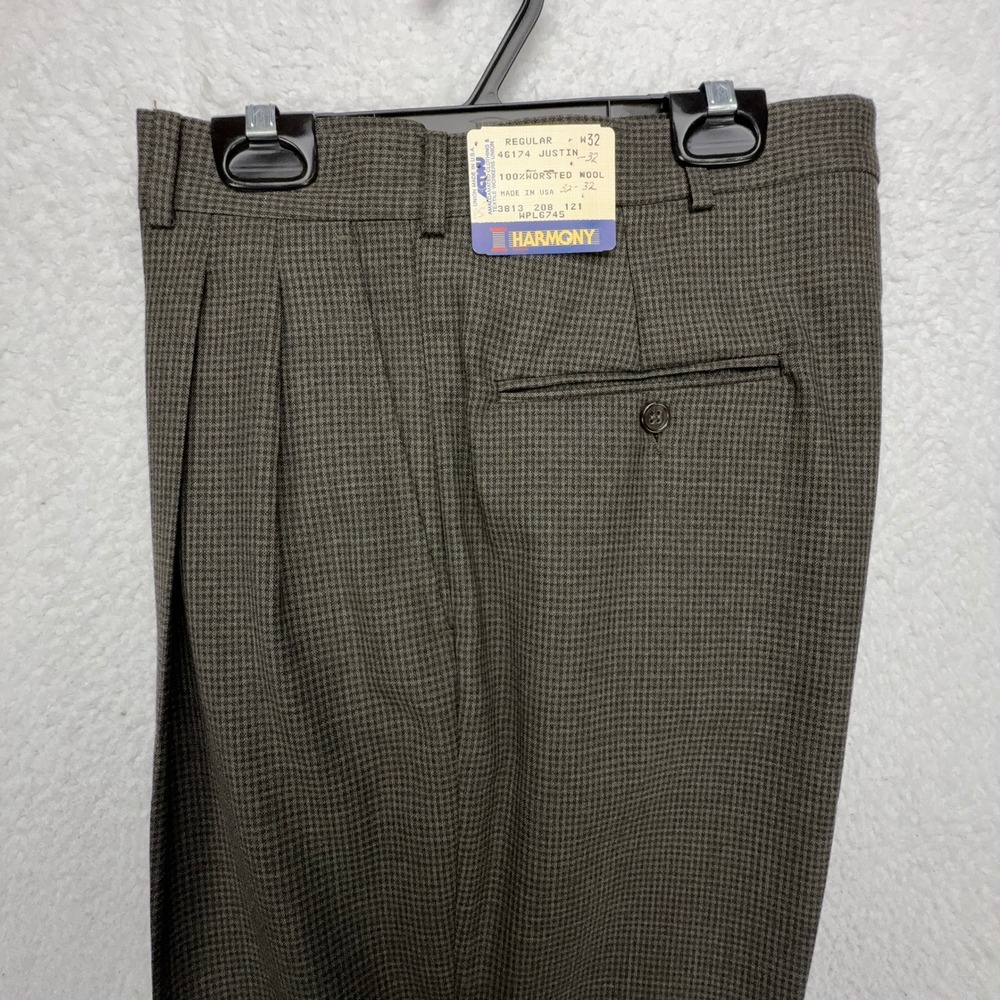 Harmony Justin Mens 32x32 Brown Check 100% Worsted Wool Pleated Dress Pants USA